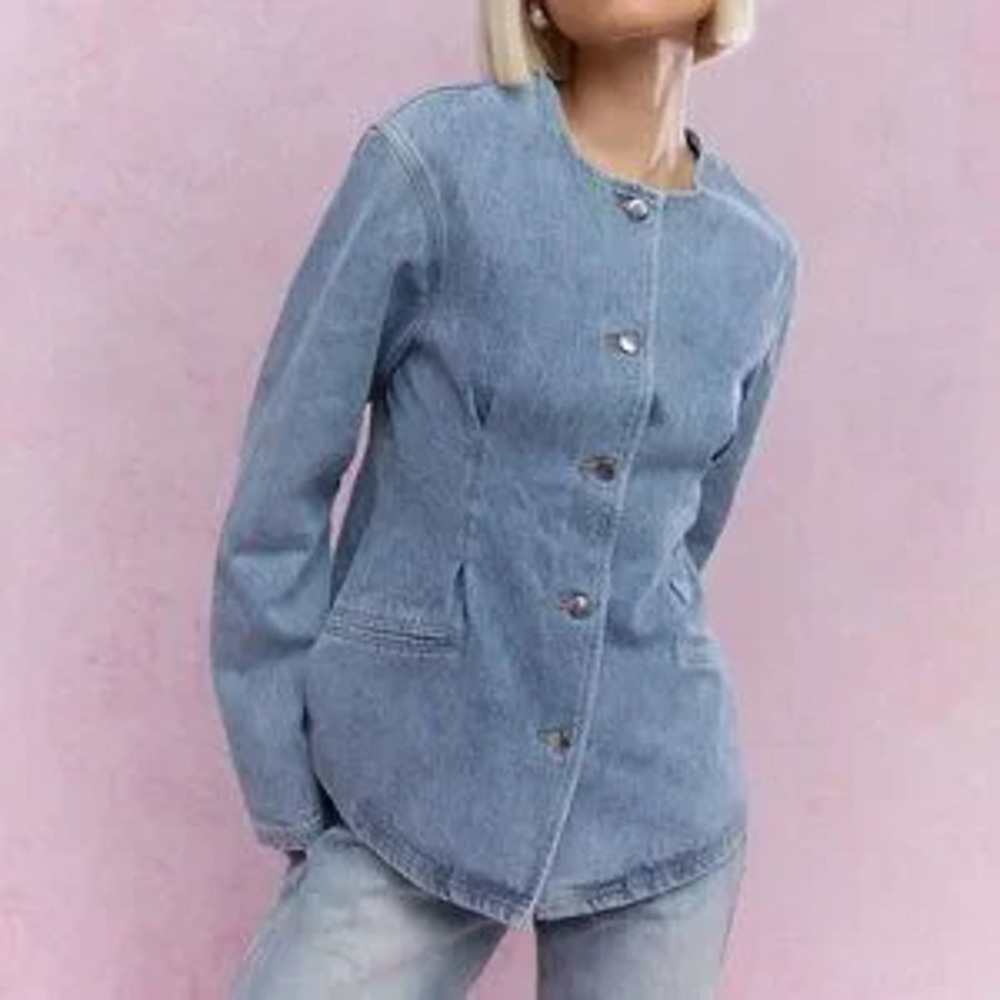 Blue Casual Women's Buttoned Round Collar Long Loose Sleeves Denim Jacket